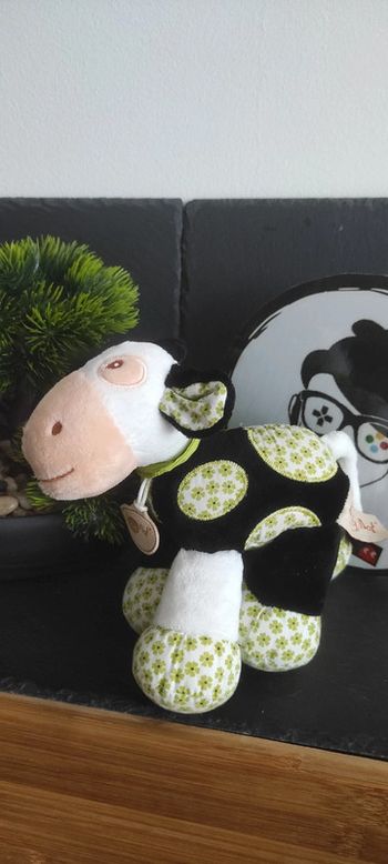 Doudou Vache blanc vert noir grelot 16 cm Baby Nat fleurs tâches Bandana Peluche