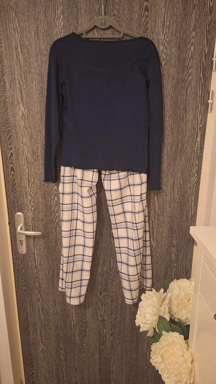 Ensemble pyjama en flanelle léger bleu et blanc  à carreaux - photo numéro 2