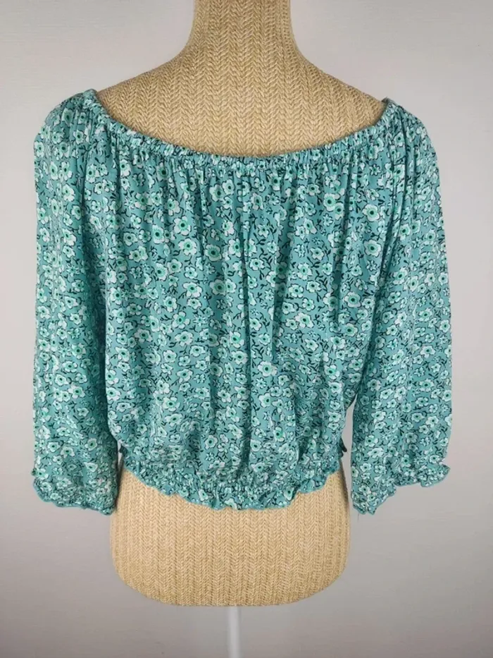 Blouse manches 3/4 taille smockée motifs fleuris tons bleu et vert taille 44 Liberto - photo numéro 2