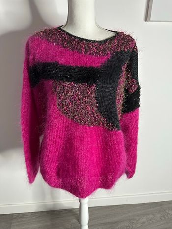 Pull oversize angora et mohair rose fuchsia et noir Anny Blatt Vintage T42 XL