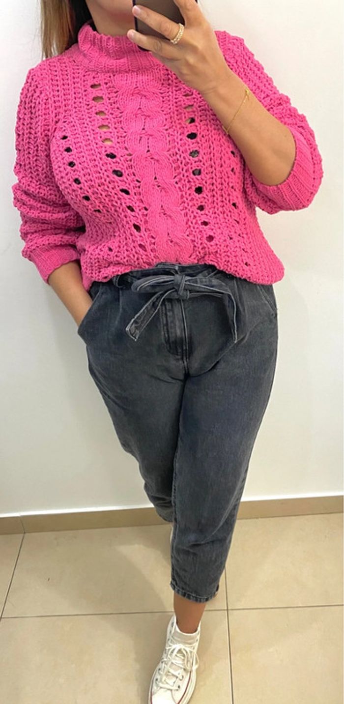 Superbe Pull Ample Rose Maille Chenille Ajourée Taille S Et Plus - photo numéro 2