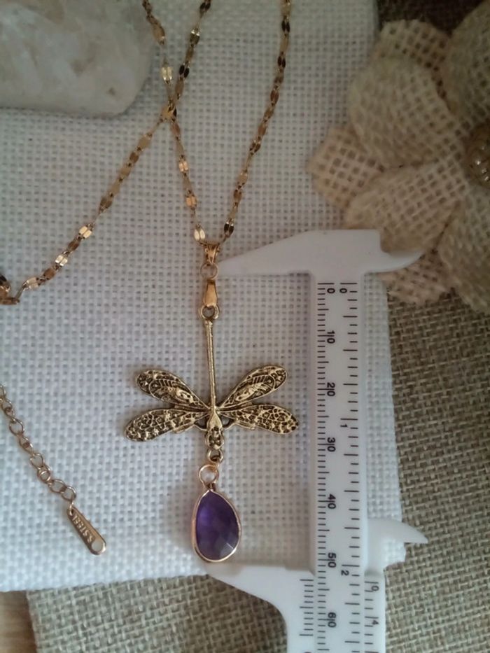 Collier libellule pierre améthyste à facettes sertie - photo numéro 3