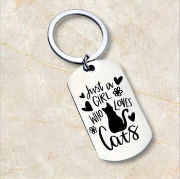 Porte clé avec plaque en acier inoxydable " just a girl who loves cats"