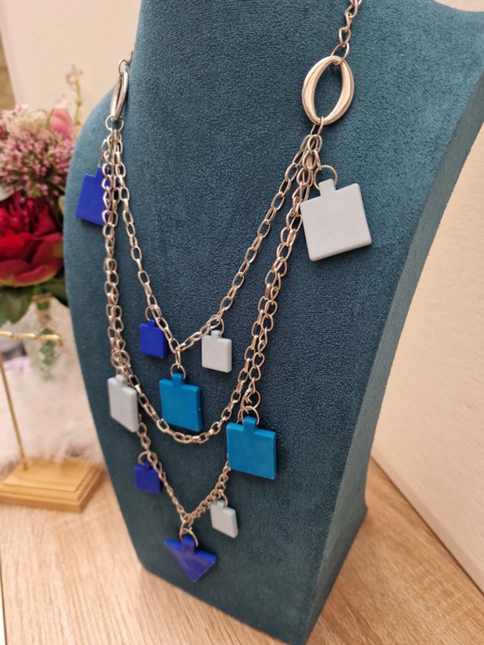 Collier Sautoir Trois Rangs Argenté Bleu Foncé Bleu Clair - photo numéro 3