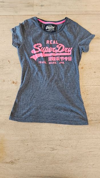 T shirt bleu gris chiné inscription fushia, Superdry Vintage, XS
