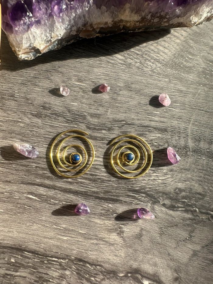 Boucles d'oreilles bronze et Lapis Lazuli véritable - Pierre naturelle - photo numéro 3