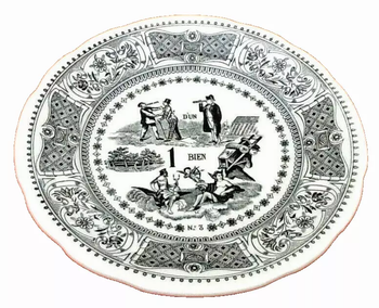 Faïence de Gien Assiette à dessert " rebus "  L' amitié d' un grand homme est un bienfait des dieux