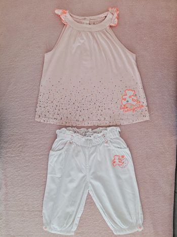 Ensemble Lulu Castagnette 36 mois tunique débardeur rose clair et pantalon blanc 3/4