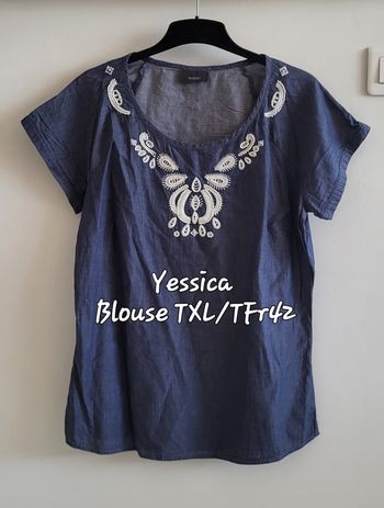 Yessica Blouse TXL/TFr42-Marine&Broderie Blanche avec Perle-Manche Courte-Style Ethnique en TBE