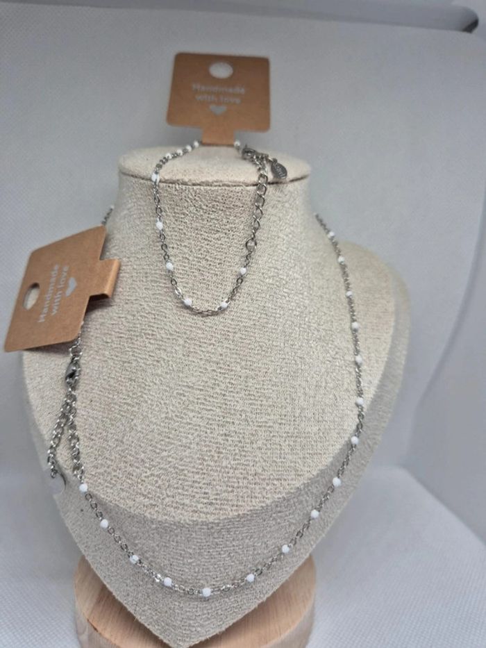 Parure argenté de 2 bijoux : 1 collier et 1 bracelet blanc blanches 🌸 Acier inoxydable - photo numéro 6