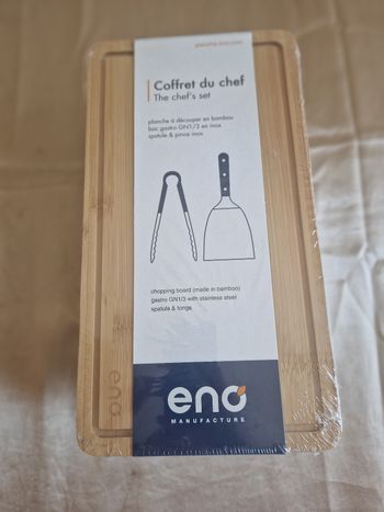 Coffret du chef : planche à découper en bambou + bac gastro GN1/3 en inox + spatule & pince inox
