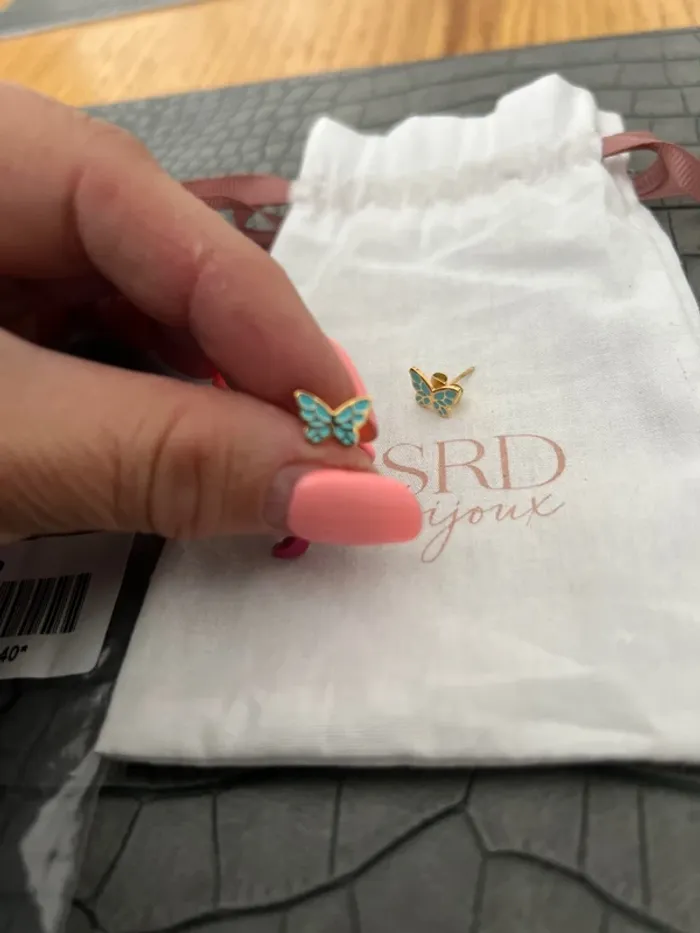 Boucles d’oreilles SRD bijoux cœurs rose et papillons turquoise - photo numéro 3