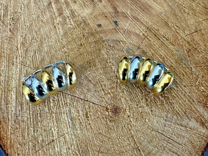 Paire de boucles d’oreilles lobe larges acier inoxydable 2 or jaune et argent avec accroche