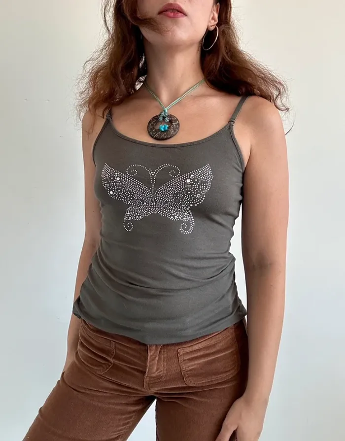 Débardeur à motif papillon à strass vintage années 2000 Y2K taille S - photo numéro 2