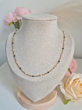 Nouveau Collier long 40 à 50cm en acier inoxydable perles résines noires et blanches