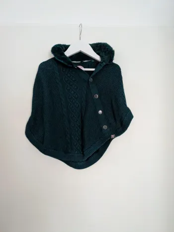 Poncho Cape Tricot Vert Canard à Col Fourrure Sergent Major - Taille 4/5 Ans