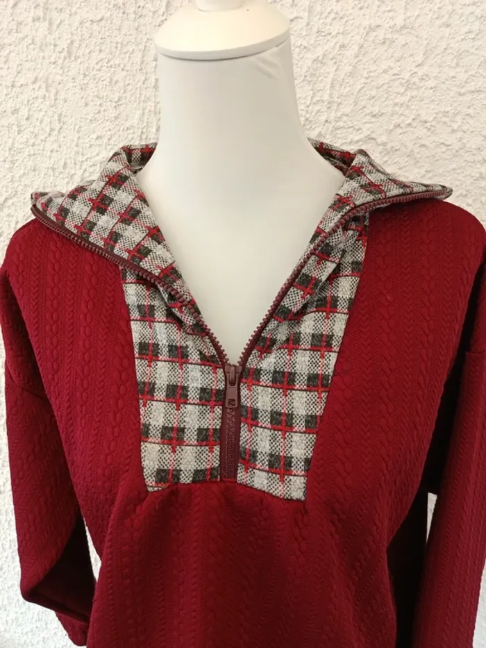 Sweat léger bordeaux col à carreaux et fermeture éclair taille 44 - photo numéro 2