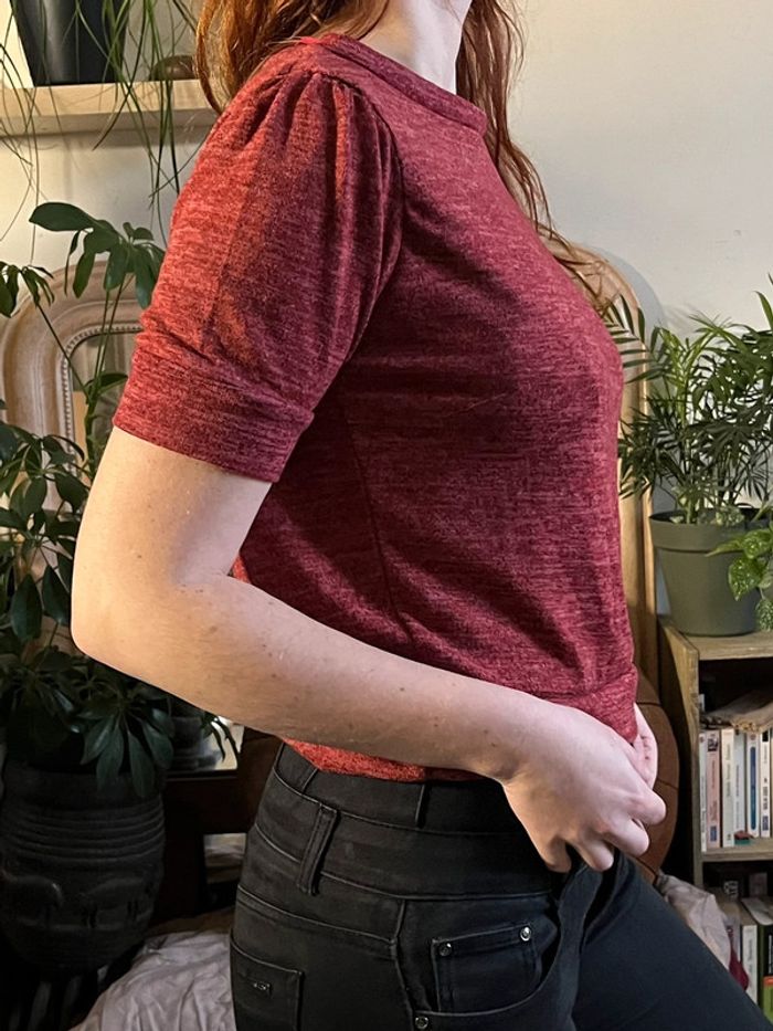 T-shirt crop top épais avec effet épaulettes - rouge foncé - photo numéro 7