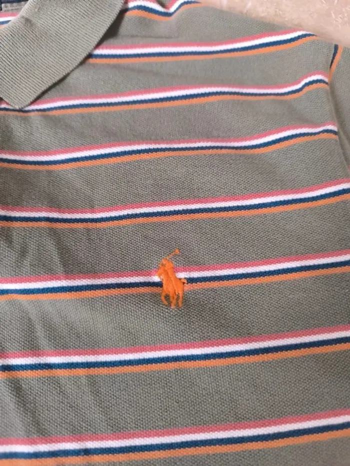 Polo Ralph Lauren homme L marron clair rayures colorées logo orange bon état général - photo numéro 4