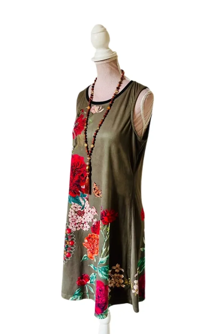 🌺🍁Robe vintage automnale kaki fleurie bohème chic S/M Autumn dress floral beaded details🍁🌺 - photo numéro 4