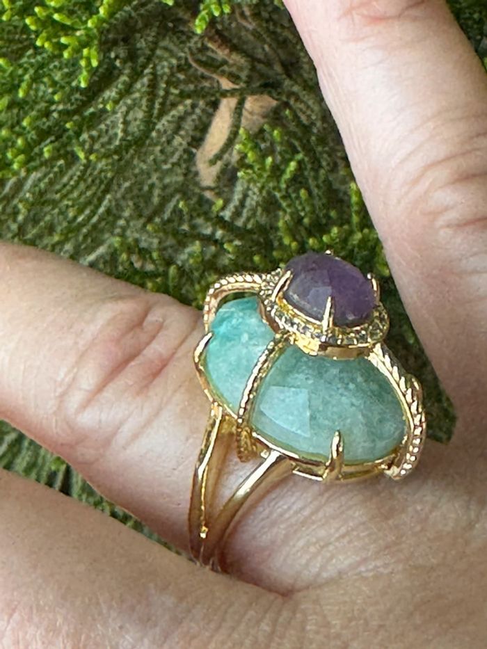 Grosse bague habaha Paris jade vert améthyste acier inoxydable or serti de zircons réglable - photo numéro 2