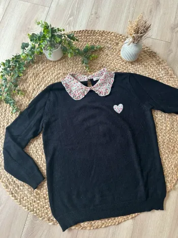 Pull noir col Claudine fleuri taille unique