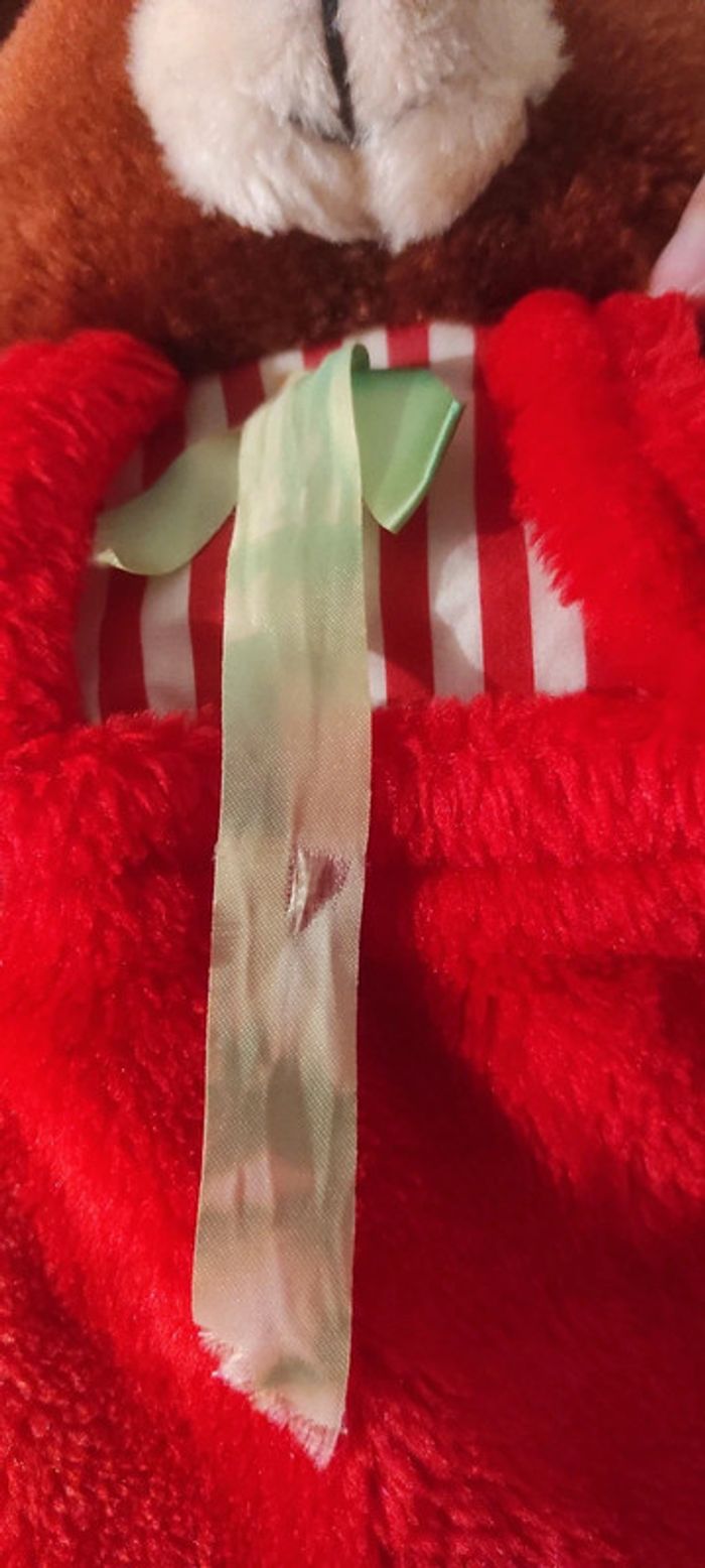 doudou peluche marionnette vintage ancien ours marron rouge salopette noel bonnet bradford novelty - photo numéro 3