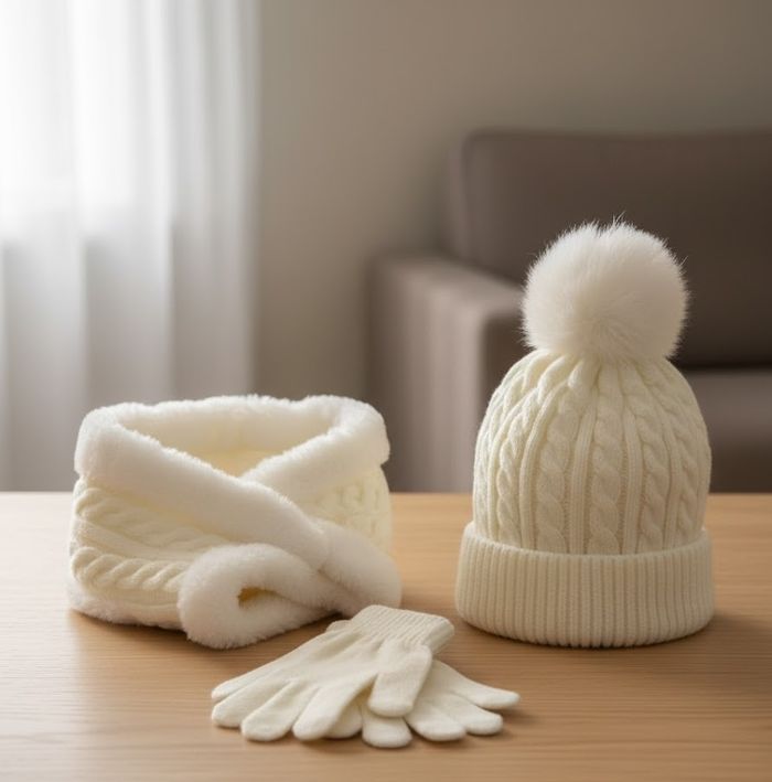 Superbe Ensemble hiver 3 pièces - Blanc Crème fourré (Neuf avec défaut)