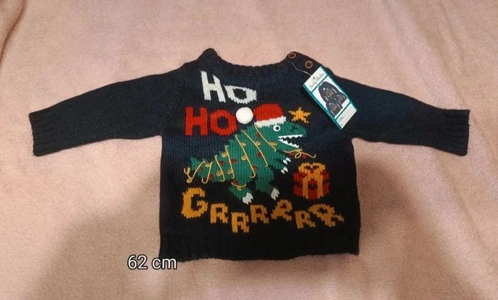 Pull de Noël mixte 62cm neuf avec étiquette dinosaure cadeaux ho ho grrrrrr