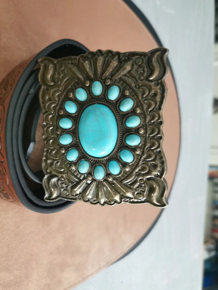 Ceinture de cowboy country rectangulaire turquoise - photo numéro 2