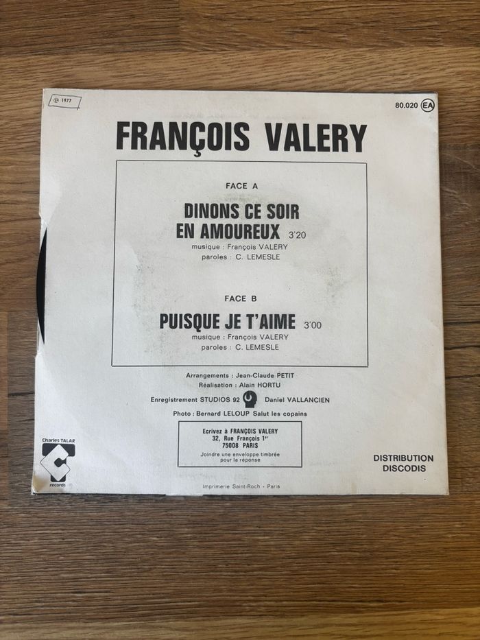 Vinyle 45 tours François Valery Dinons ce soir en amoureux - photo numéro 2