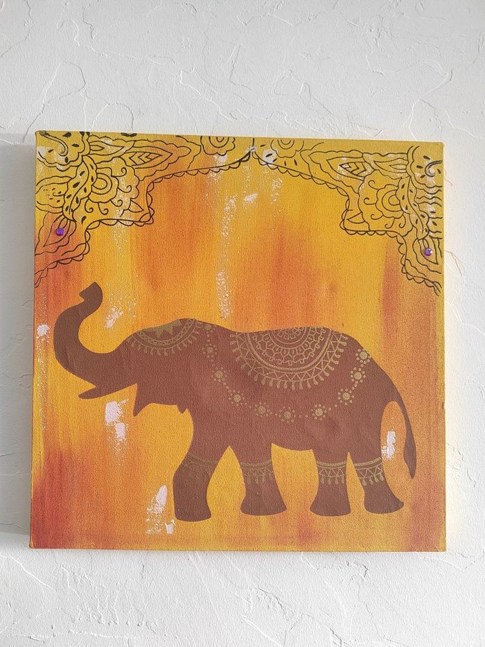 Tableau éléphant 40x40 cm – décoration murale bohème orange et doré - photo numéro 2