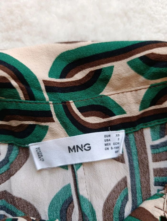 Blouse chemisier Mango XS beige vert motifs 70's vintage manches longues légères - photo numéro 8