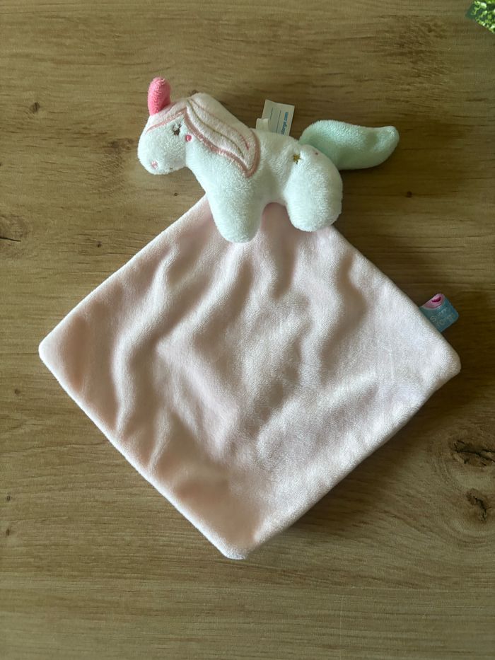 Doudou plat licorne mouchoir rose sucre d orge neuf - photo numéro 2