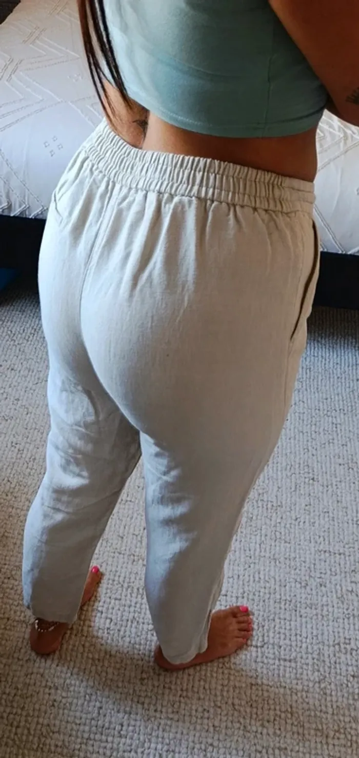Pantalon Caroll beige crème en lin et coton 38 neuf taille élastique avec cordons - photo numéro 5