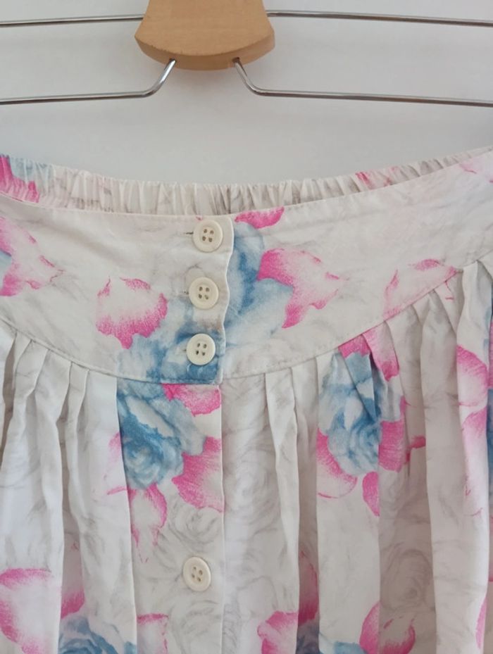 Jupe vintage viscose écrue fleurs bleu/rose - photo numéro 3