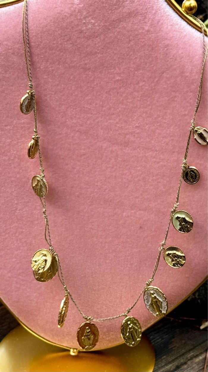 Collier Habaha paris réglable double cordon médailles acier inoxydable or vierges - photo numéro 4