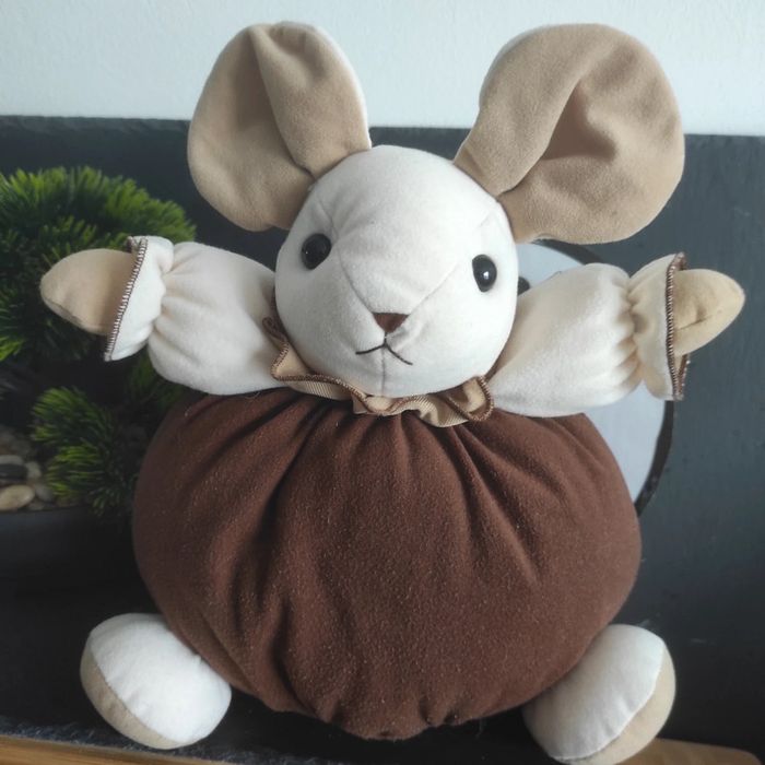 Doudou boule souris beige marron Ajena Vintage Ancienne Colerette 23 Cm