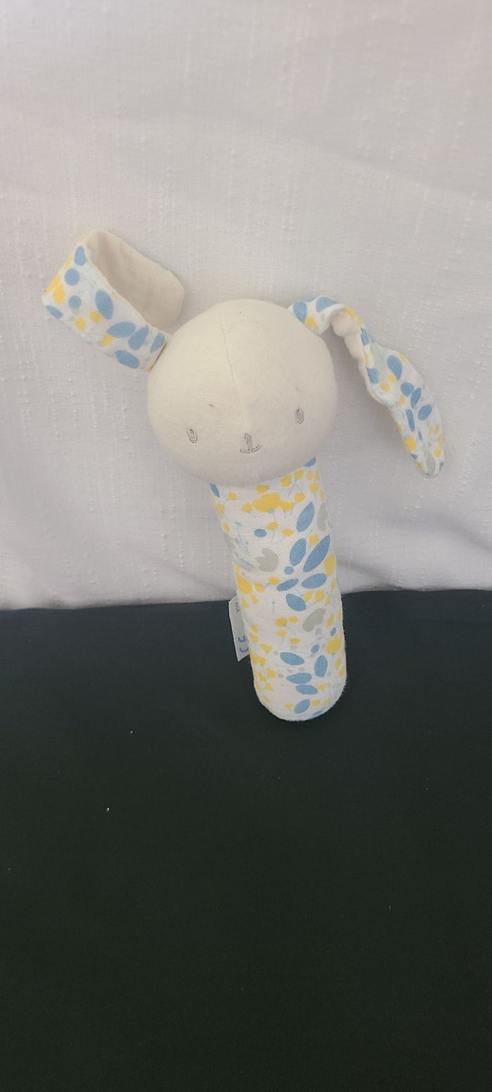 Doudou baton lapin blanc écru bleu jaune tissu KLORANE BOTANIQUE - photo numéro 3
