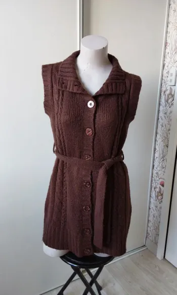 Veste sans manche  mohair acrylique mi saison marron T 40 Avec ceinture