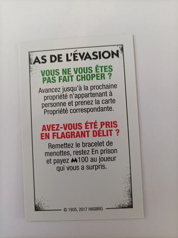 Carte as de l'évasion pièce détachée Monopoly édition tricheurs Hasbro gaming #A28
