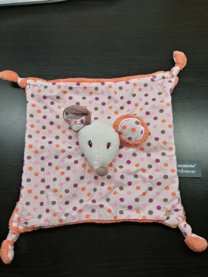 Doudou plat souris orchestra orange pois Prémaman carré 23 cm