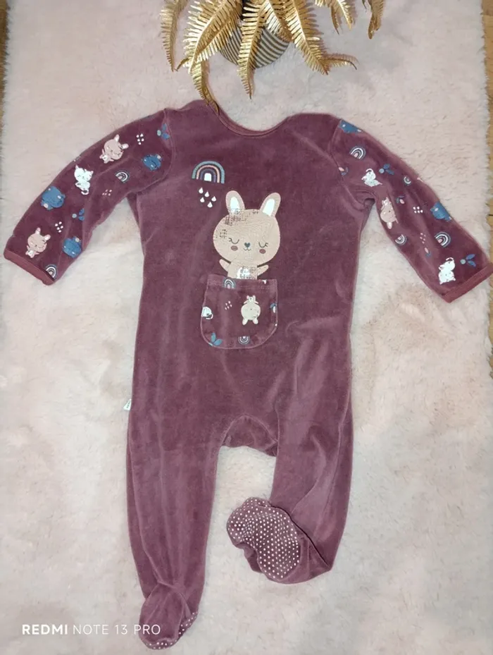 Pyjama petit beguin à poche devant lapinou bordeaux violet - photo numéro 2