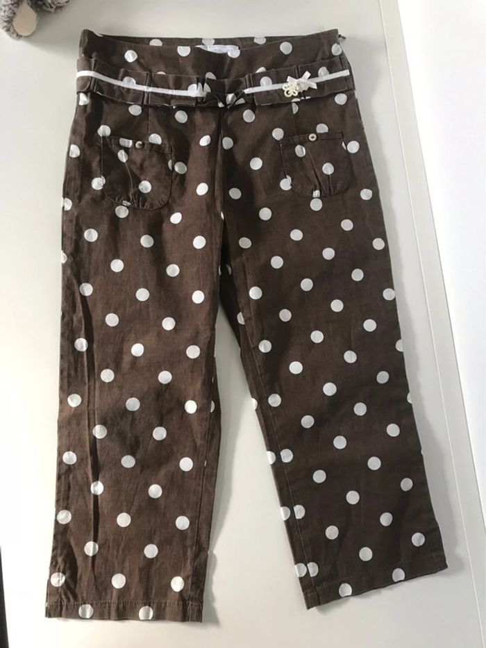Pantalon d'été marron à pois blancs. Tartine et chocolat 8 ans
