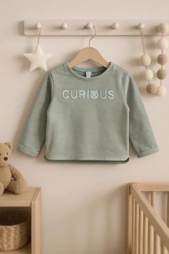 Sweat bébé mixte vert sauge – broderie Curious – Taille 23M (86 cm)