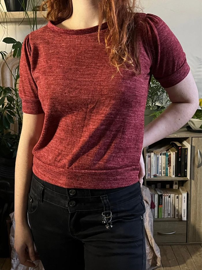 T-shirt crop top épais avec effet épaulettes - rouge foncé - photo numéro 5