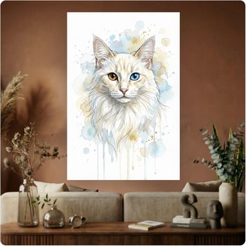 Affiche artistique “Chat aux yeux vairons” aquarelle décoration murale A3 Sans cadre