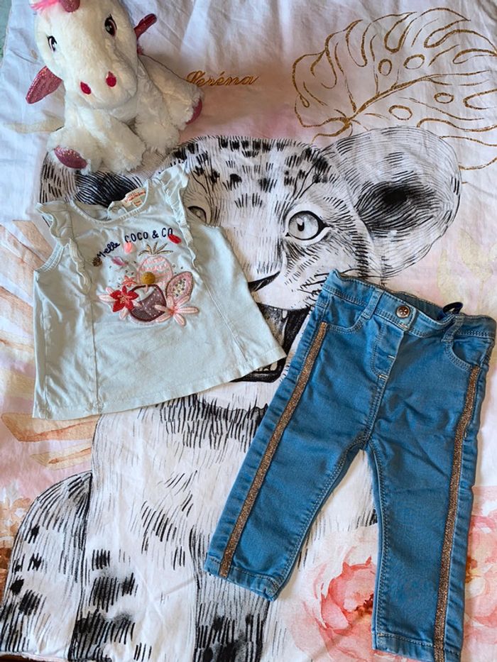 Ensemble pantalon legging jeans et t-shirt, taille 9 mois, marque DPAM et Tape à l’œil.