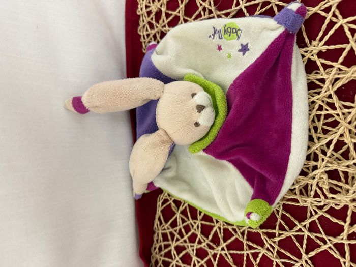 Mini Doudou Acidule plat Lapin Etoiles violet blanc fushia Col vert Baby Nat' - photo numéro 2