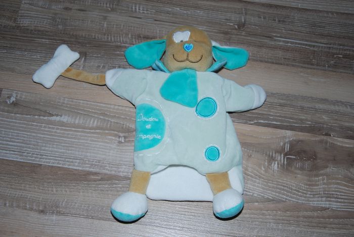 marionnette chien bleu avec os Doudou et compagnie